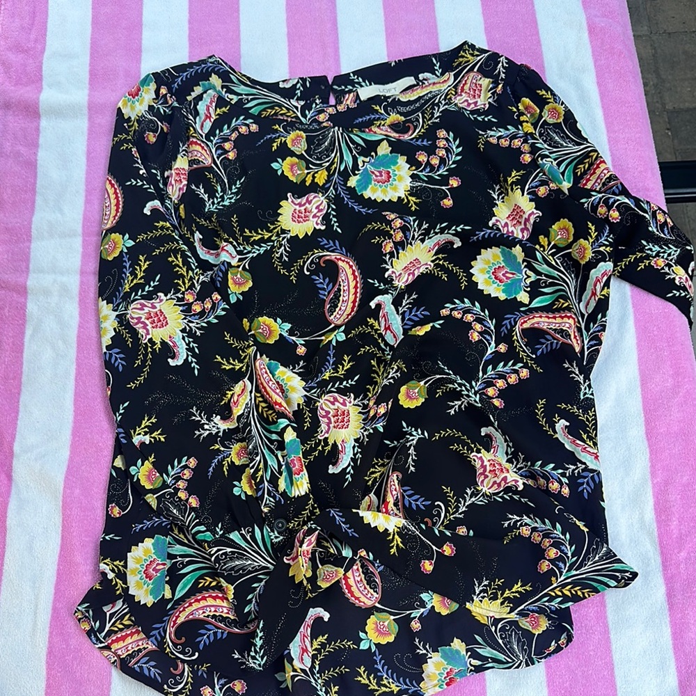 LOFT Black and Pink Graphic Blouse with Peter Pan Collar
